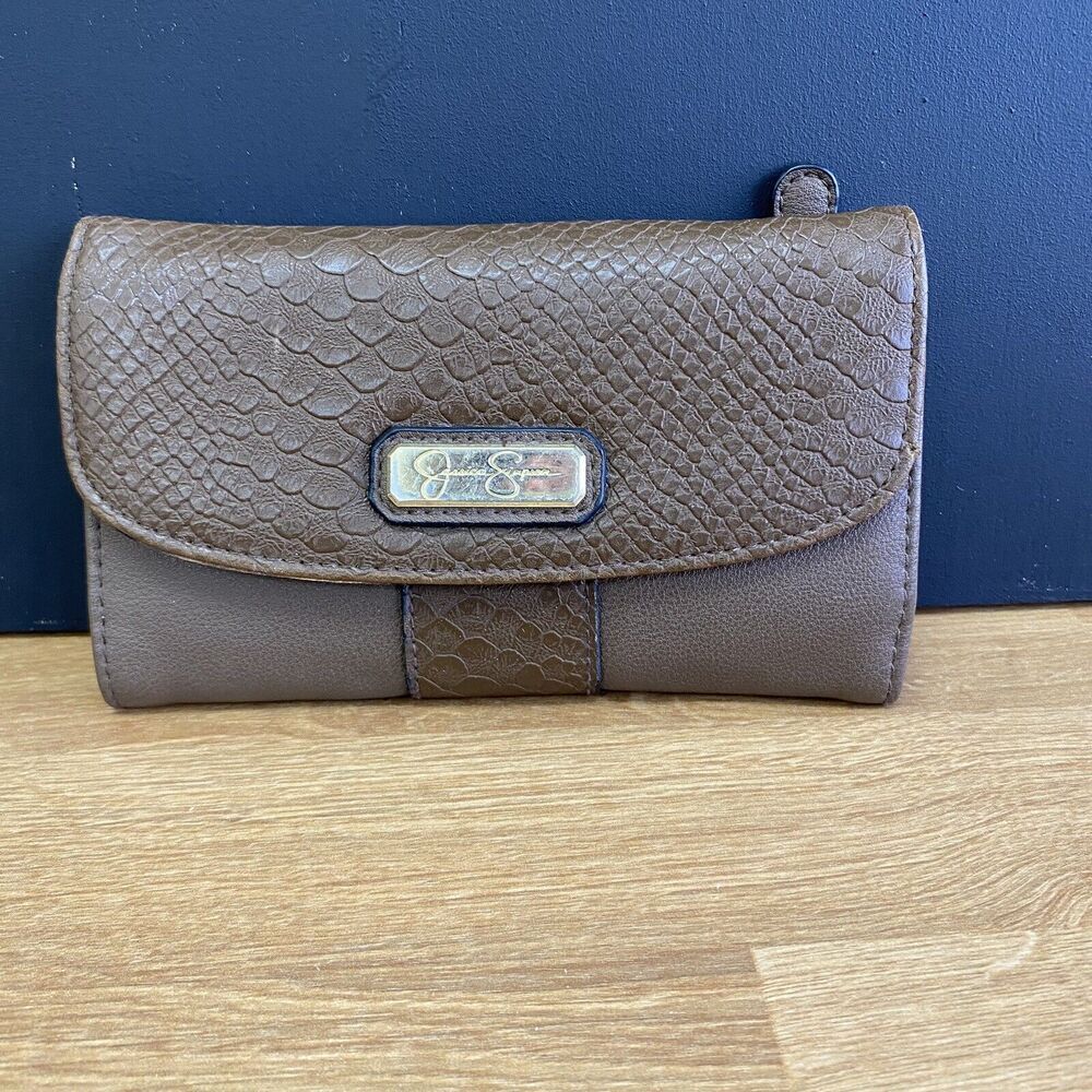 Jessica Simpson Brown PVC Tri Fold Wallet Button Clasp Leopard Print
